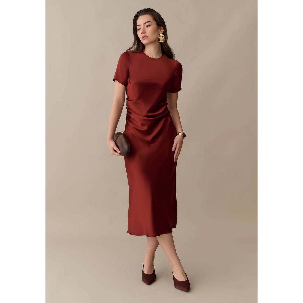 NWT o.p.t Nessa Ruched Satin Midi Dress in Mahogany - Size XS